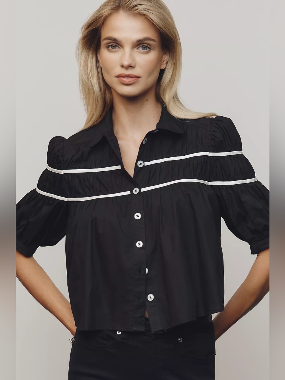 Maeve The Leandra Shirred Yoke Button Front 100% Cotton Blouse Size XS